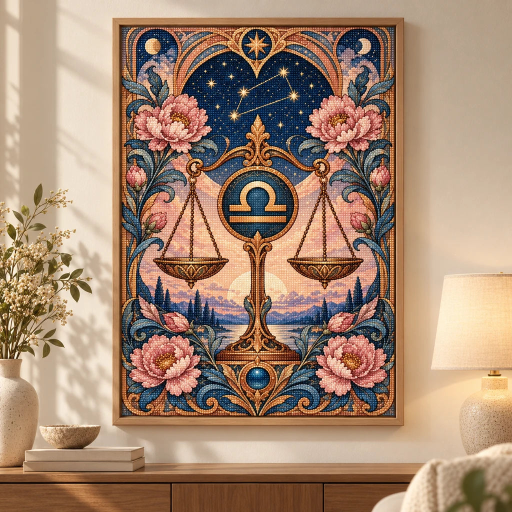 Libra scales and peonies diamond painting displayed as framed home decor