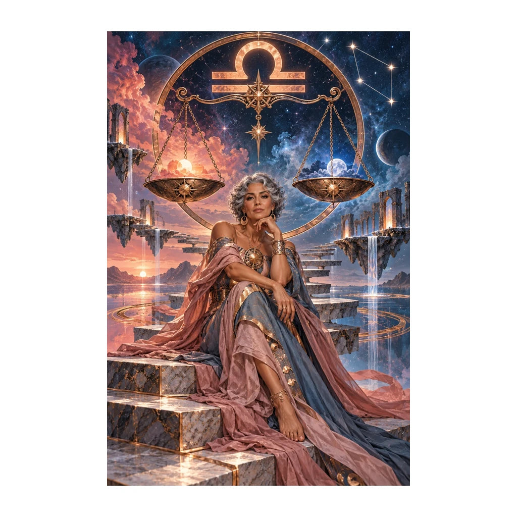 Original Libra zodiac artwork showing a seated oracle between celestial scales beneath the Libra symbol.