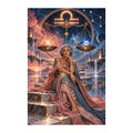 Original Libra zodiac artwork showing a seated oracle between celestial scales beneath the Libra symbol.
