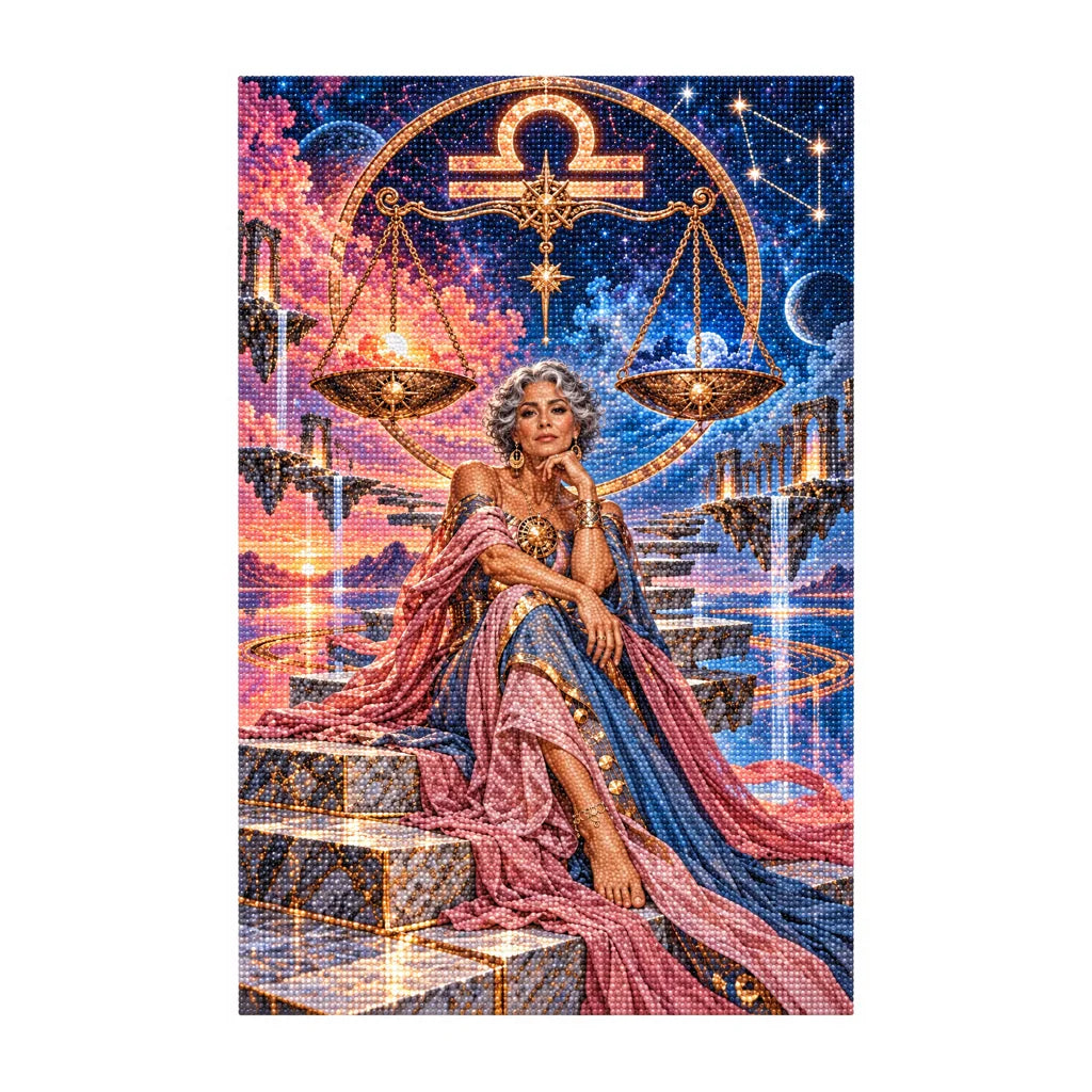 Diamond painting version of the Libra celestial scales oracle artwork on a white background.