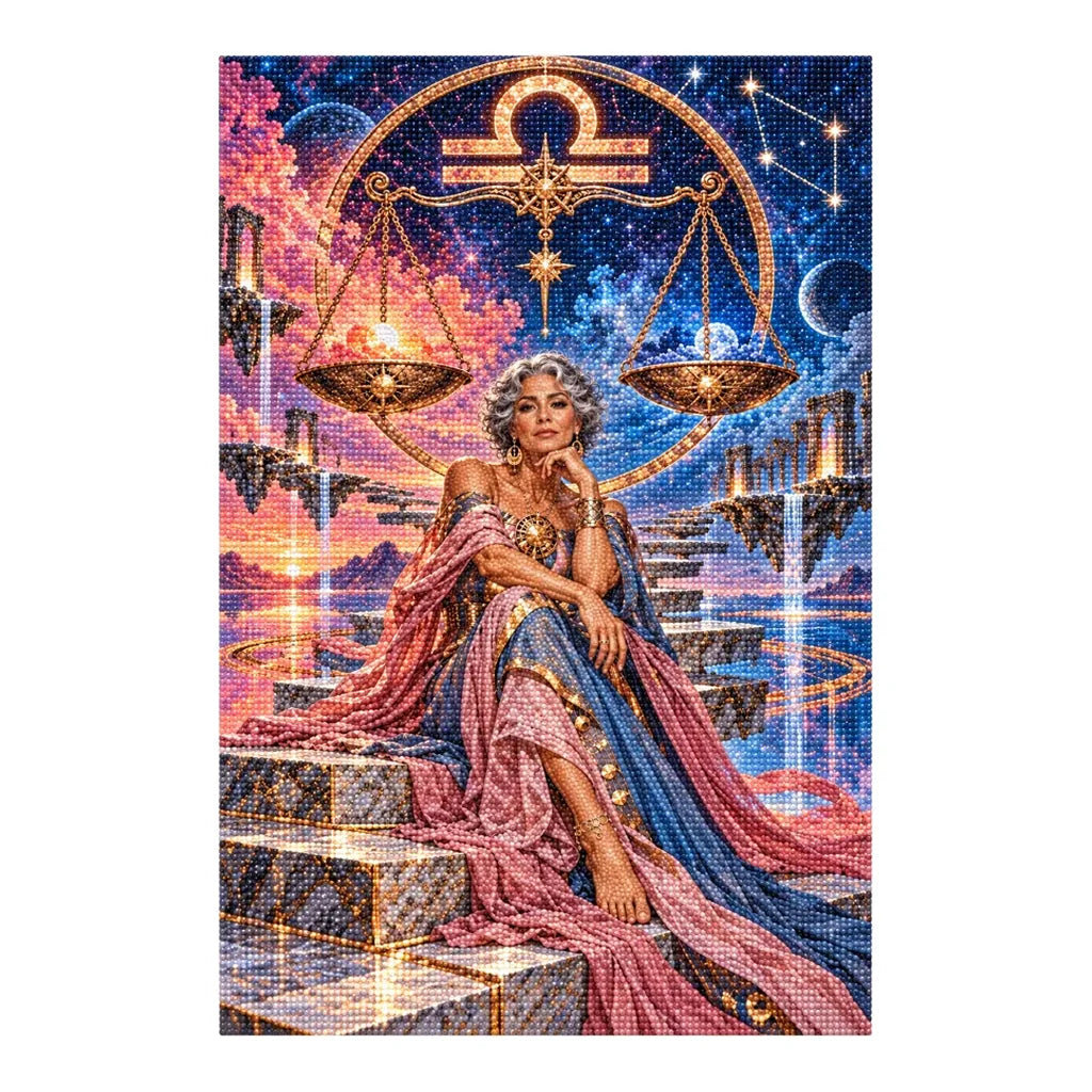 Diamond painting version of the Libra celestial scales oracle artwork on a white background.