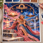 Hands placing drills on the Libra celestial scales diamond painting canvas.