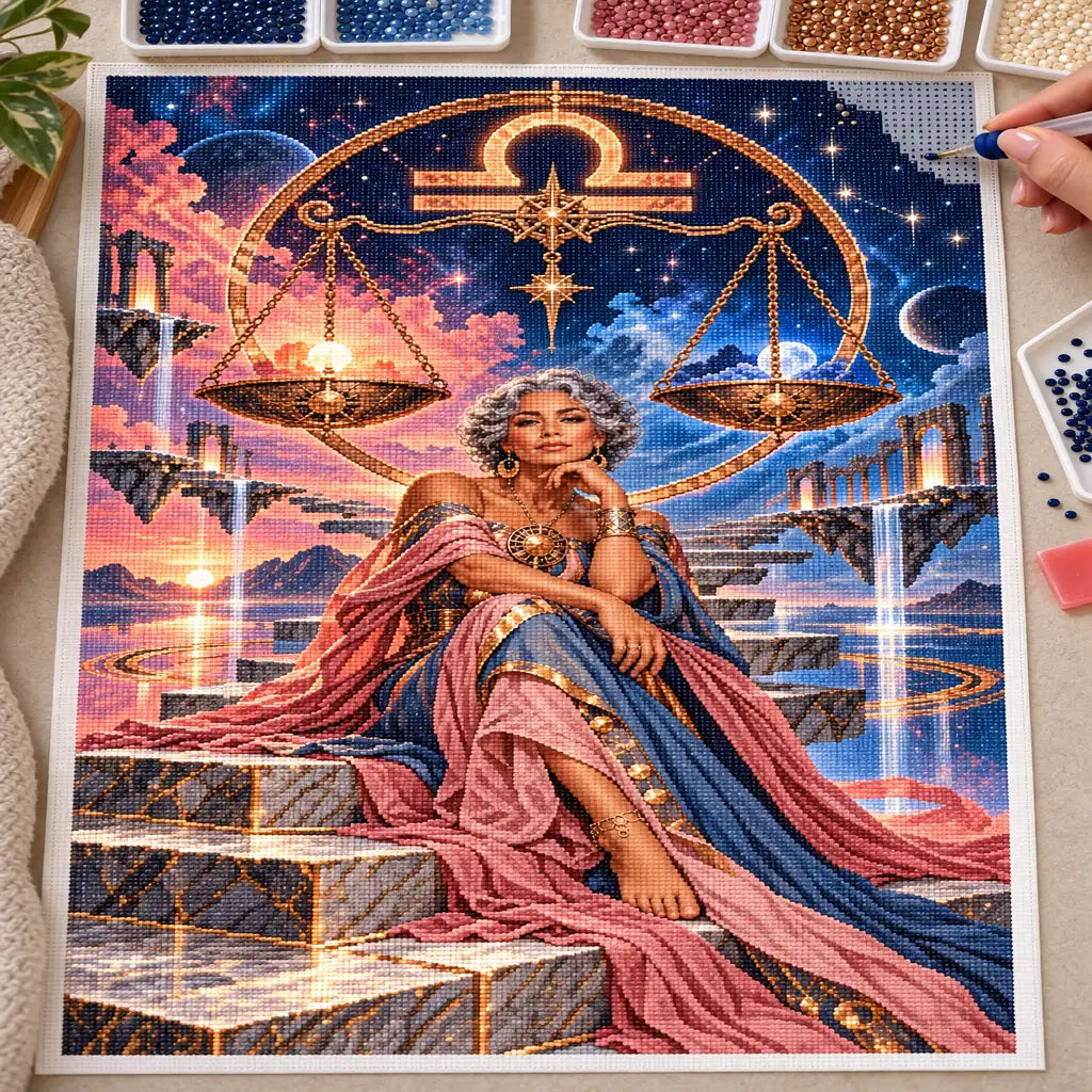 Hands placing drills on the Libra celestial scales diamond painting canvas.
