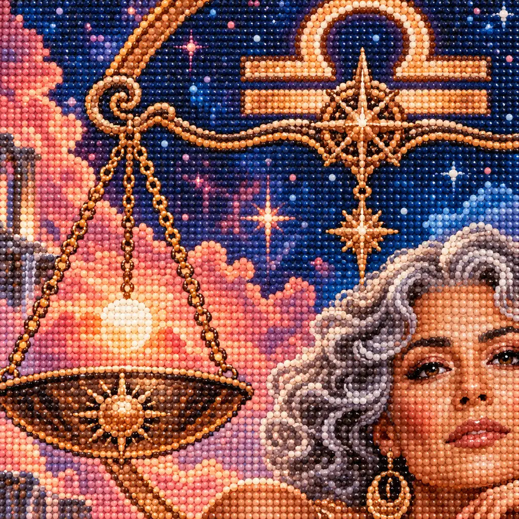 Close-up of the Libra scales, zodiac symbol, and sparkling drills.