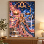 Framed Libra celestial scales oracle diamond painting displayed in a living room.