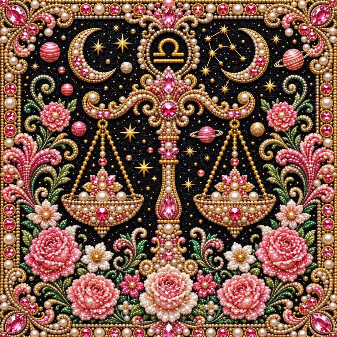 Close-up of glossy pearls and printed canvas in the libra design