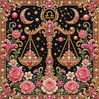 Close-up of glossy pearls and printed canvas in the libra design