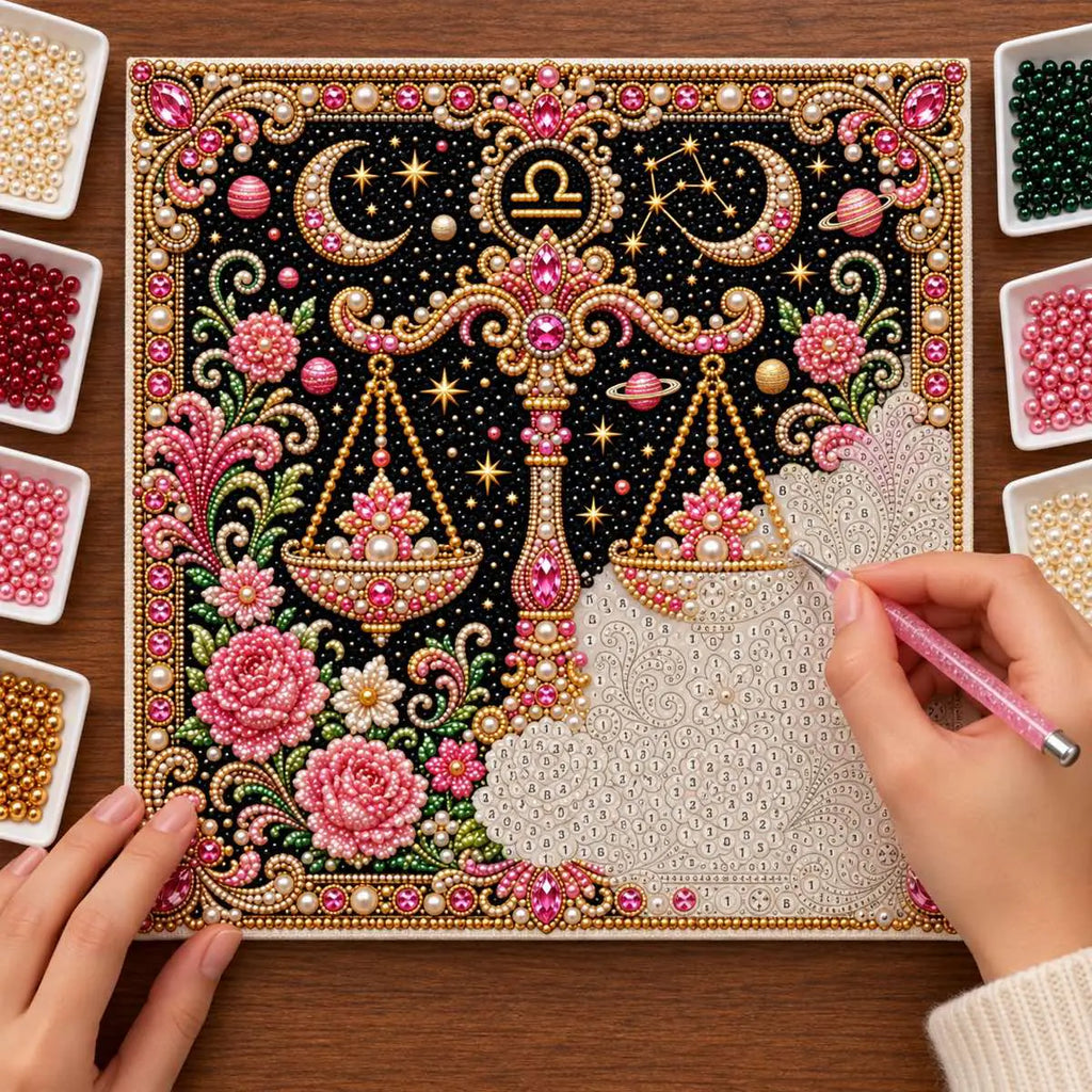 Pearl placement process on the libra printed canvas