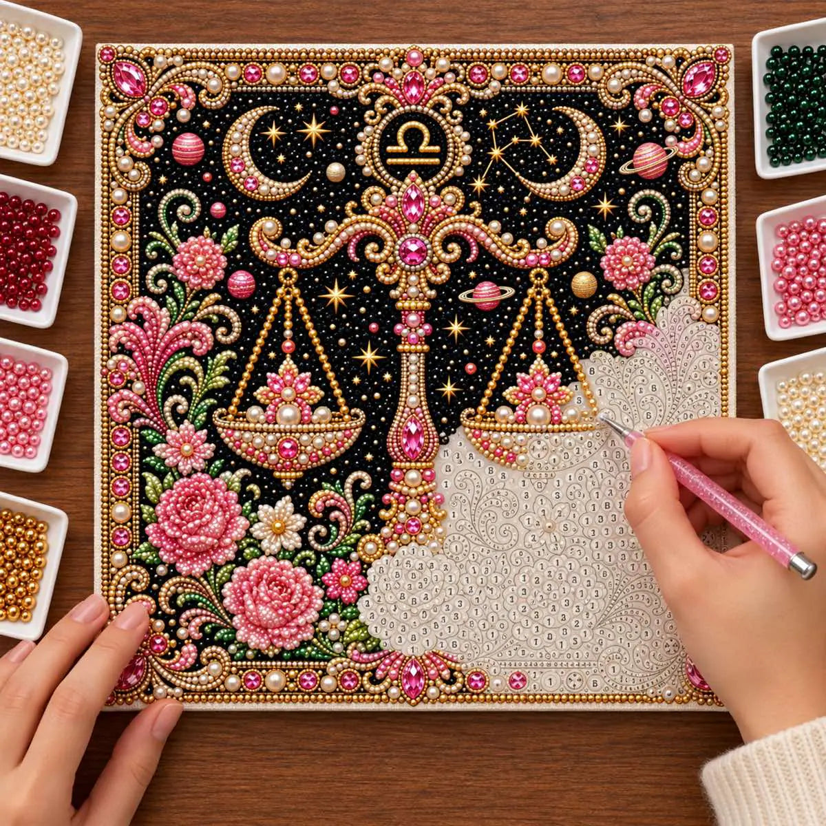 Pearl placement process on the libra printed canvas
