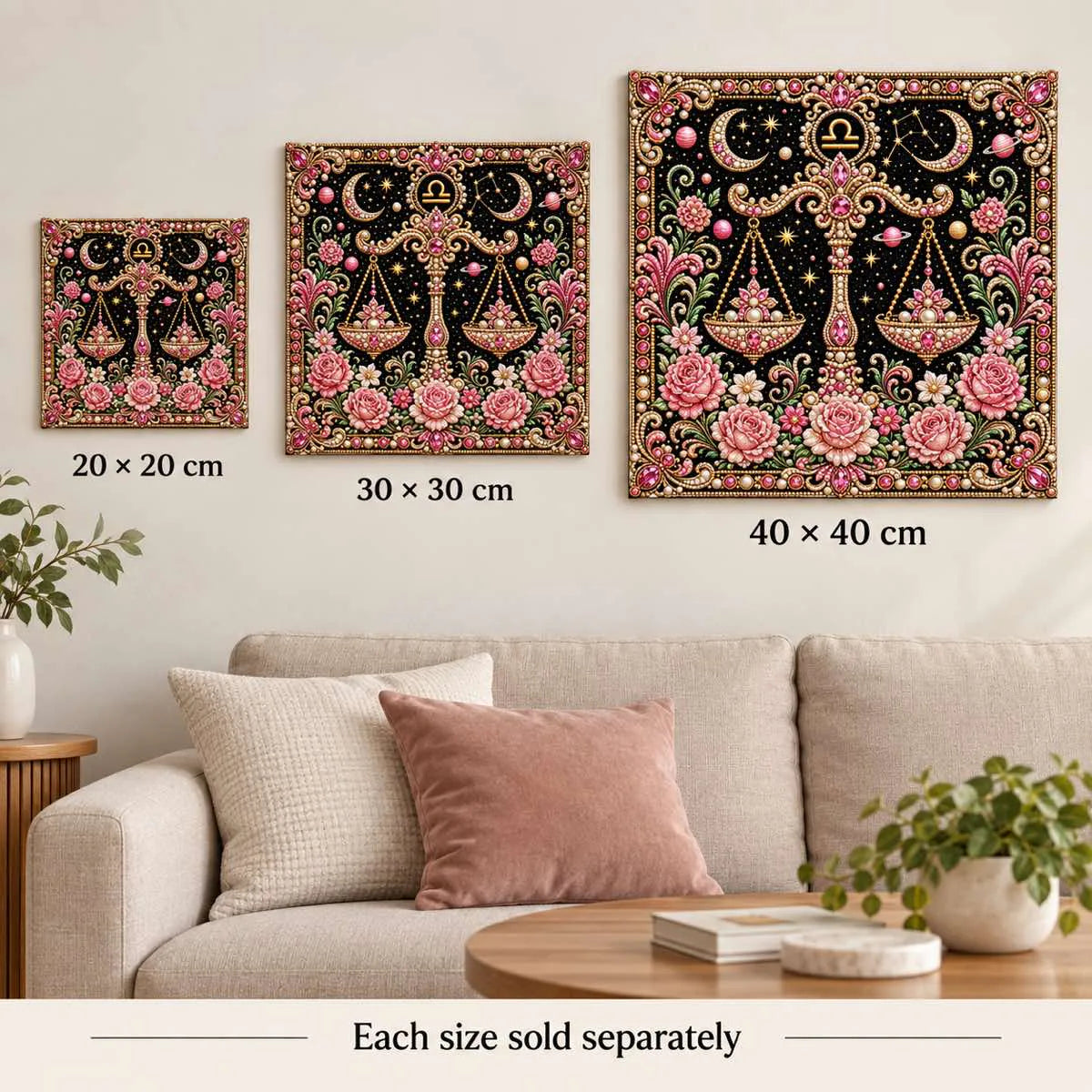 libra artwork size comparison for 20, 30 and 40 cm options; each sold separately