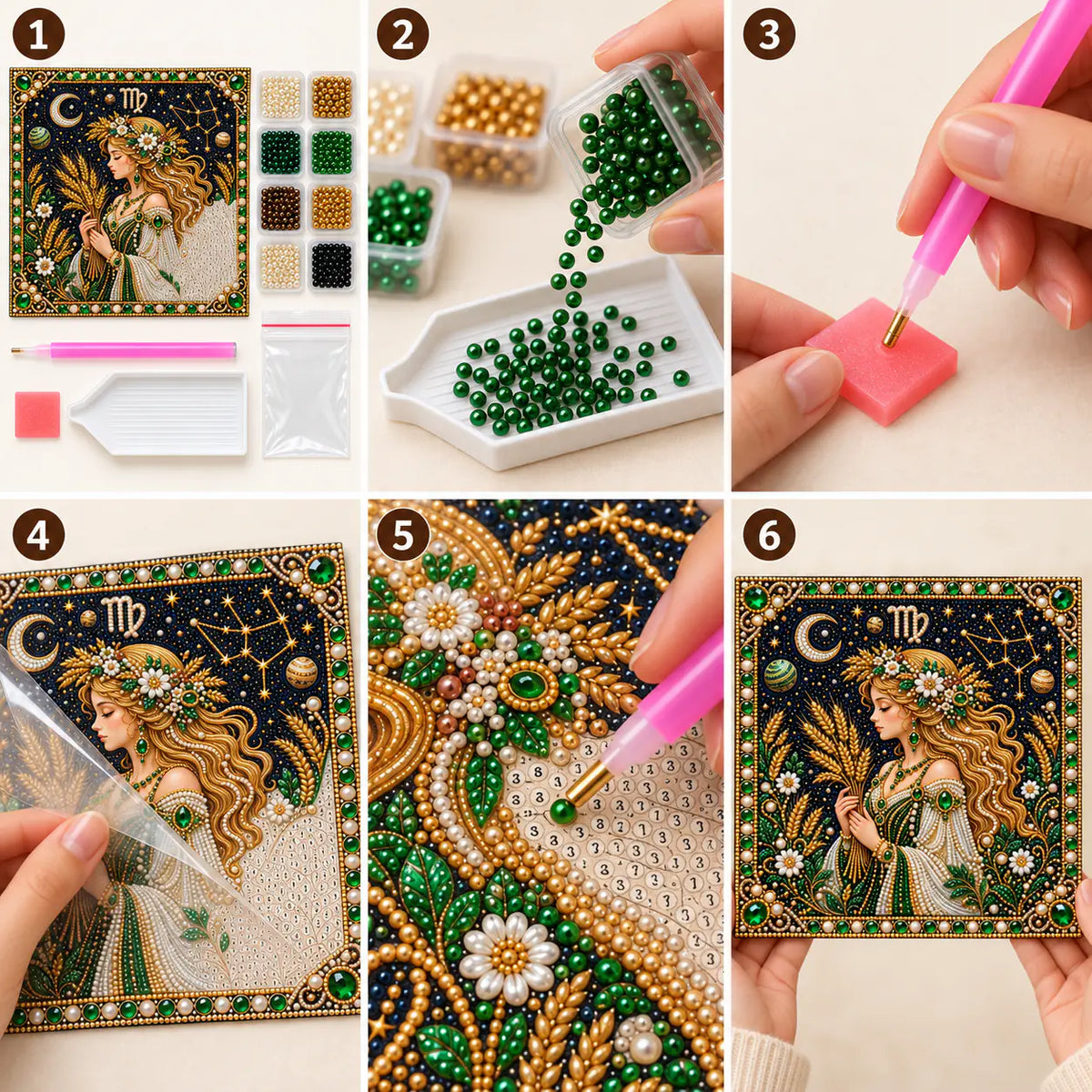 Six illustrated steps for placing pearls on the libra design