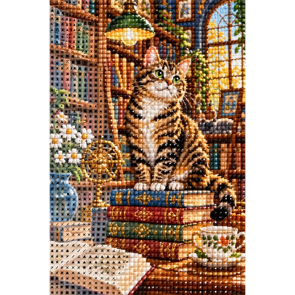 Library Cat & Books Diamond Painting Kit diamond and canvas detail