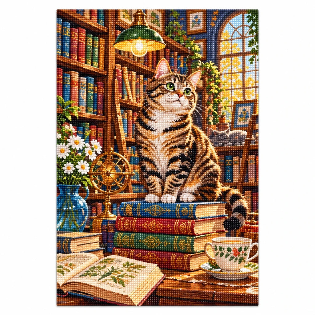Library Cat & Books Diamond Painting Kit finished diamond artwork on white background