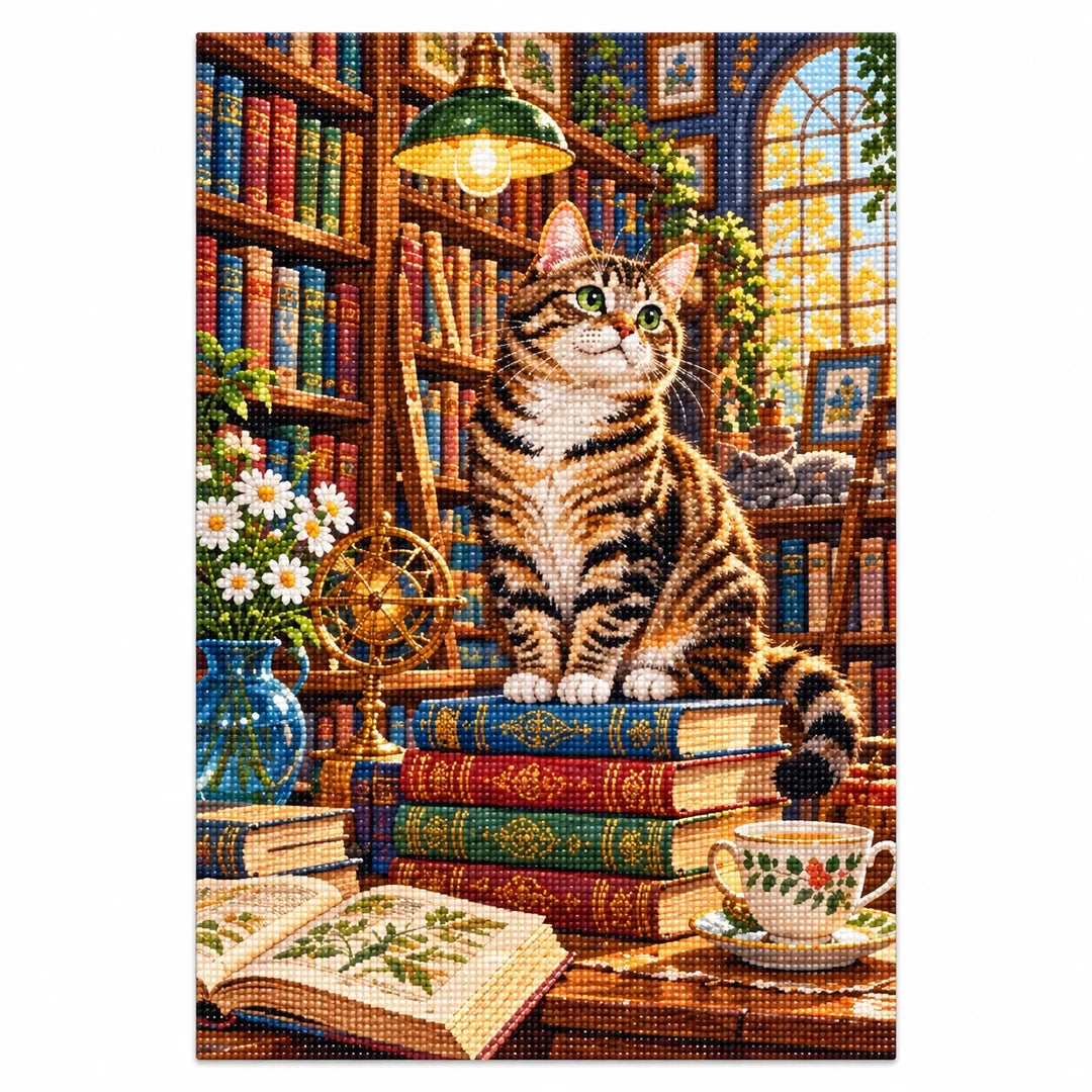 Library Cat & Books Diamond Painting Kit finished diamond artwork on white background