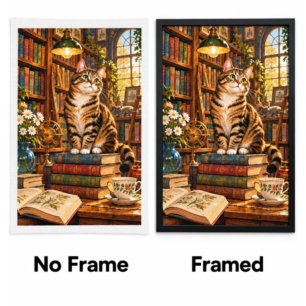 Library Cat & Books Diamond Painting Kit No Frame and Framed comparison