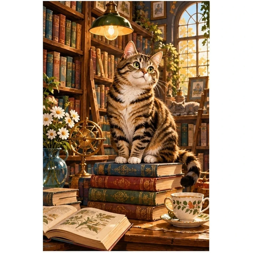 Library Cat & Books original artwork on white background