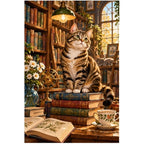 Library Cat & Books original artwork on white background