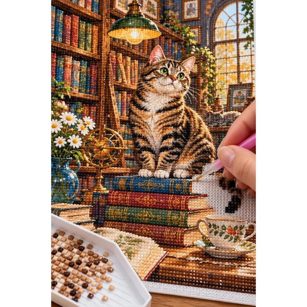 Library Cat & Books Diamond Painting Kit diamond placement process