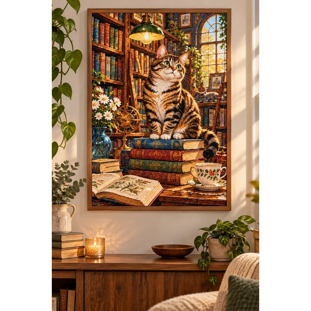 Library Cat & Books Diamond Painting Kit home decor scene
