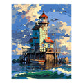 Original artwork for Lighthouse At Sunset Harbor Diamond Painting Kit