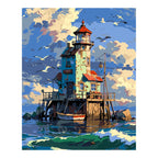 Original artwork for Lighthouse At Sunset Harbor Diamond Painting Kit