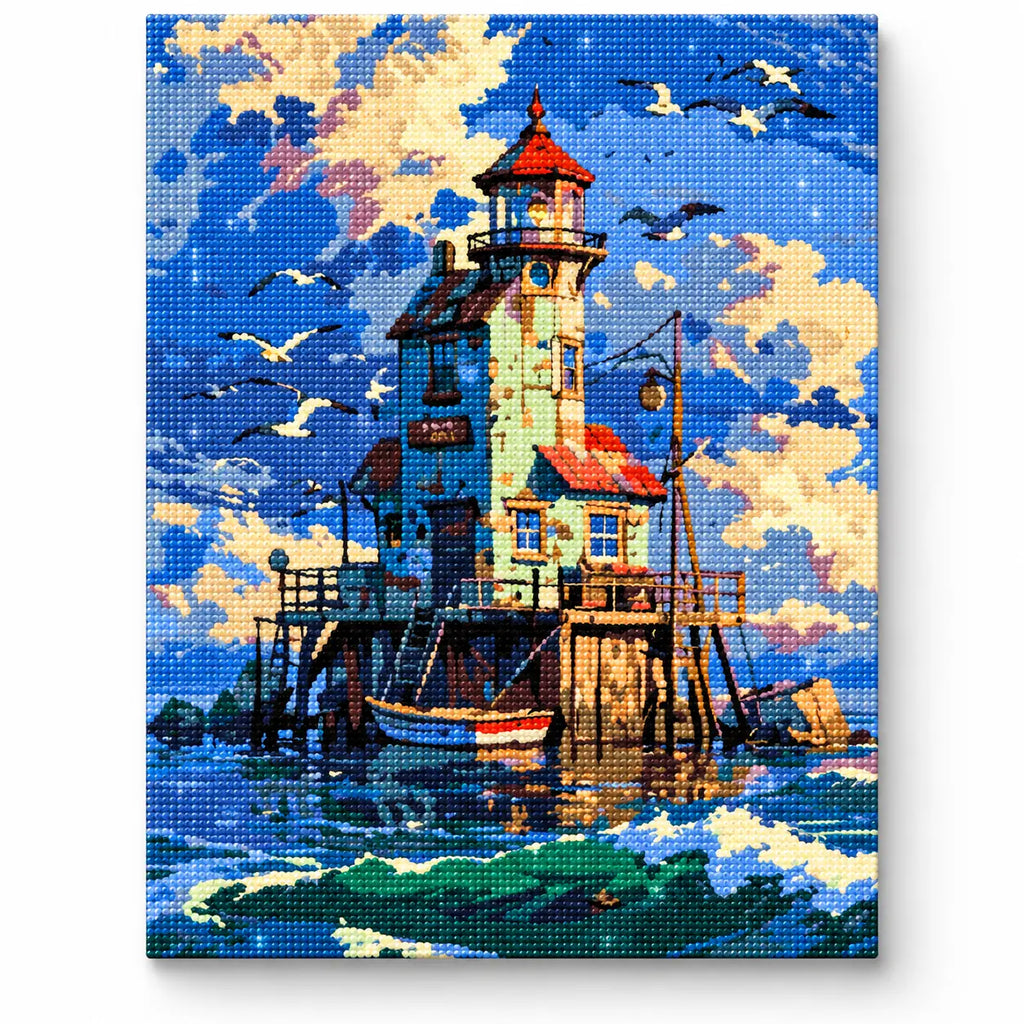 Finished diamond painting for Lighthouse At Sunset Harbor Diamond Painting Kit