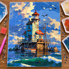 Diamond painting process for Lighthouse At Sunset Harbor Diamond Painting Kit