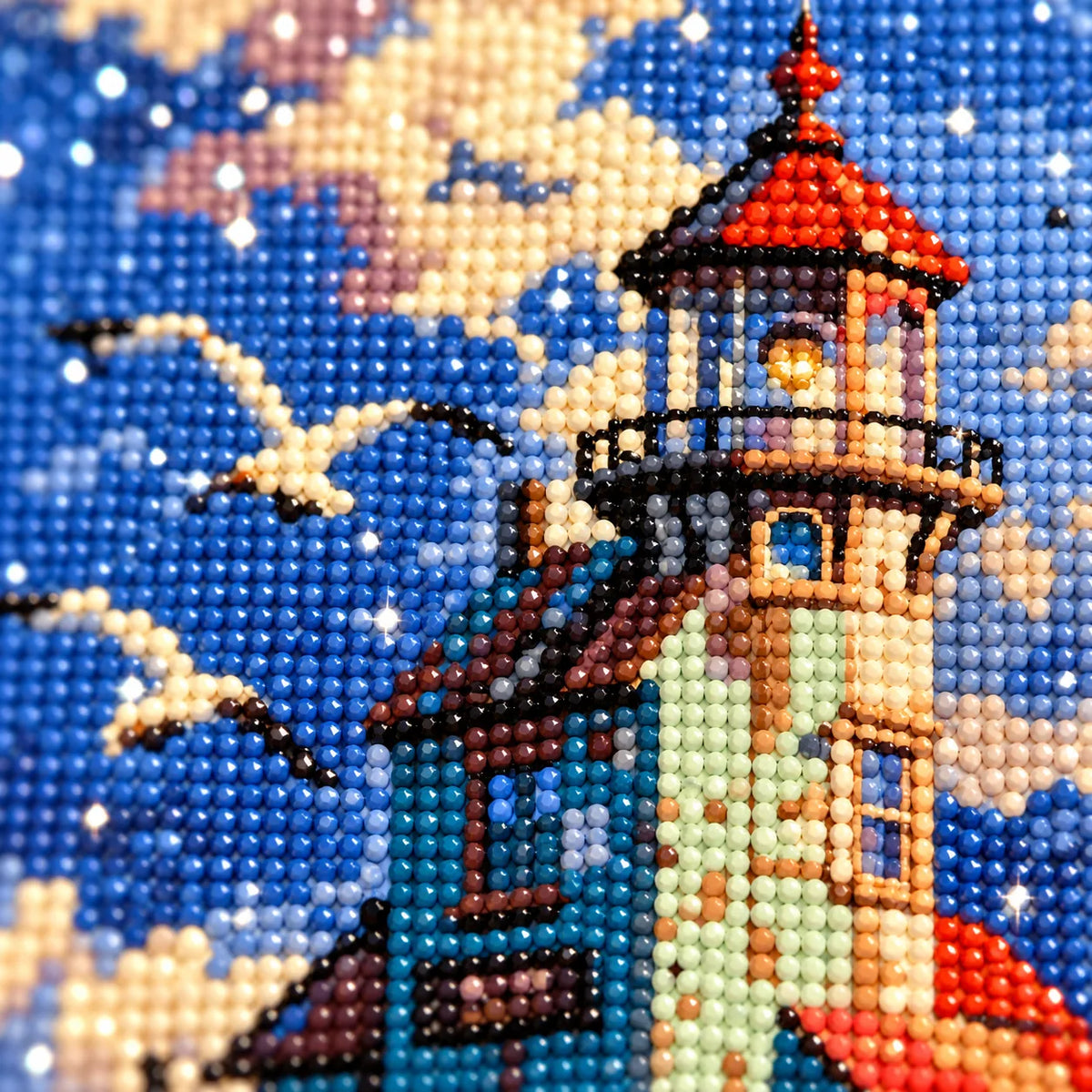 Diamond detail for Lighthouse At Sunset Harbor Diamond Painting Kit