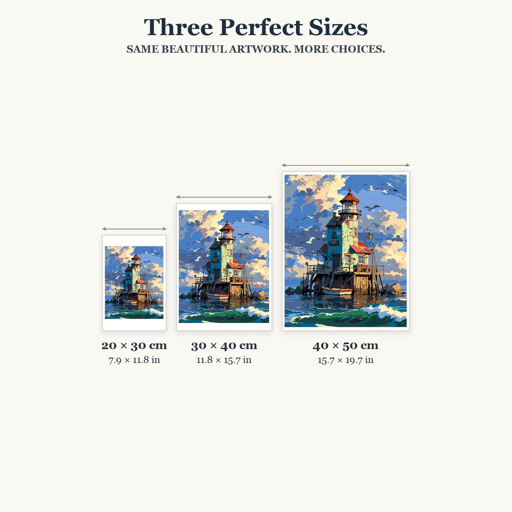 Size guide for Lighthouse At Sunset Harbor Diamond Painting Kit