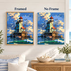 Framed and no-frame comparison for Lighthouse At Sunset Harbor Diamond Painting Kit