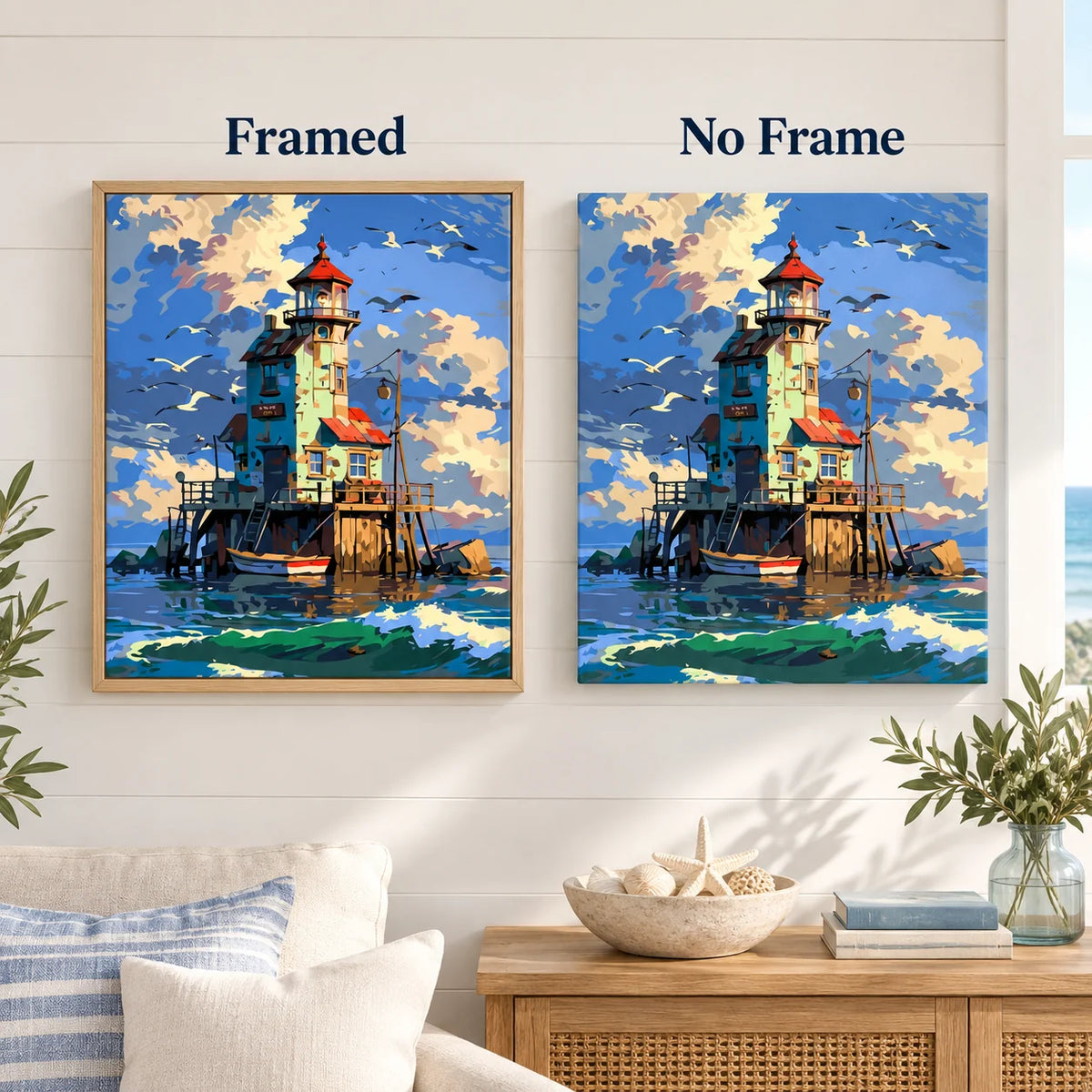 Framed and no-frame comparison for Lighthouse At Sunset Harbor Diamond Painting Kit