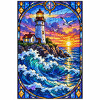 Lighthouse Storm Waves Diamond Painting Kit — finished diamond painting on white background