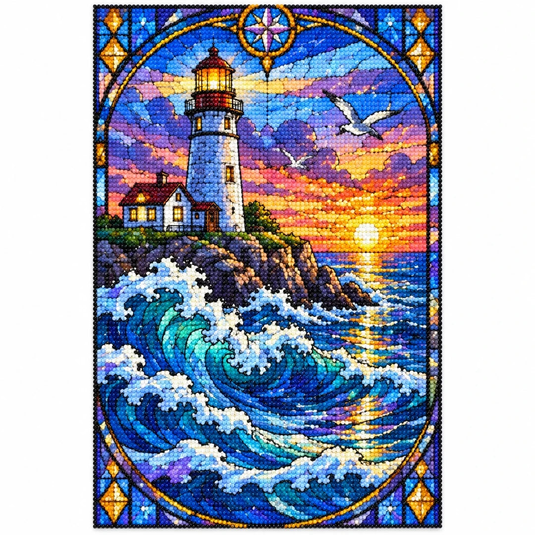 Lighthouse Storm Waves Diamond Painting Kit — finished diamond painting on white background