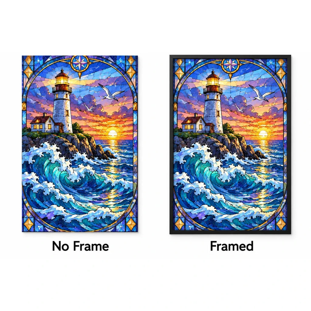 Lighthouse Storm Waves Diamond Painting Kit — No Frame and Framed style comparison
