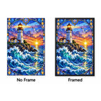 Lighthouse Storm Waves Diamond Painting Kit — No Frame and Framed style comparison
