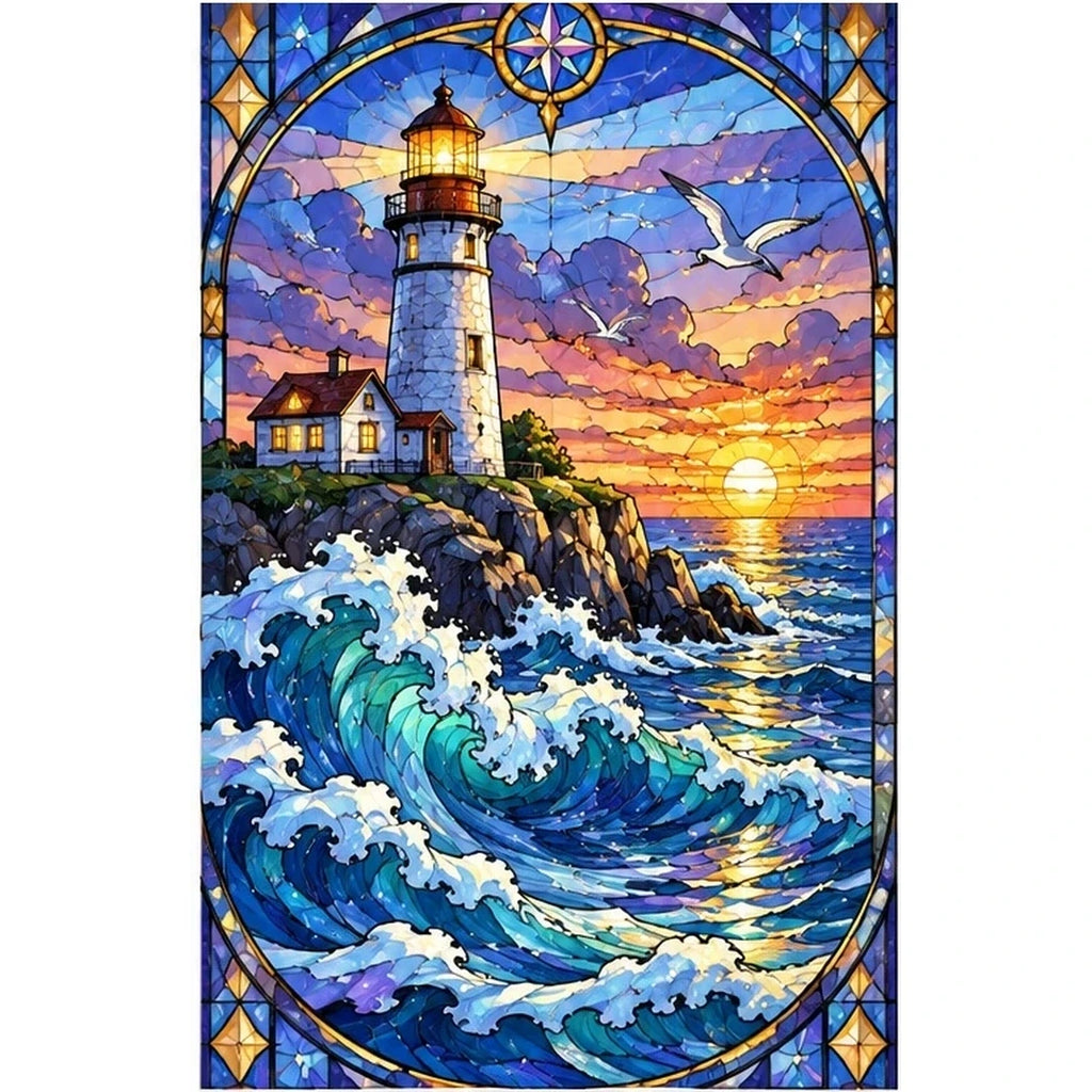 Lighthouse Storm Waves Diamond Painting Kit — original white-background artwork