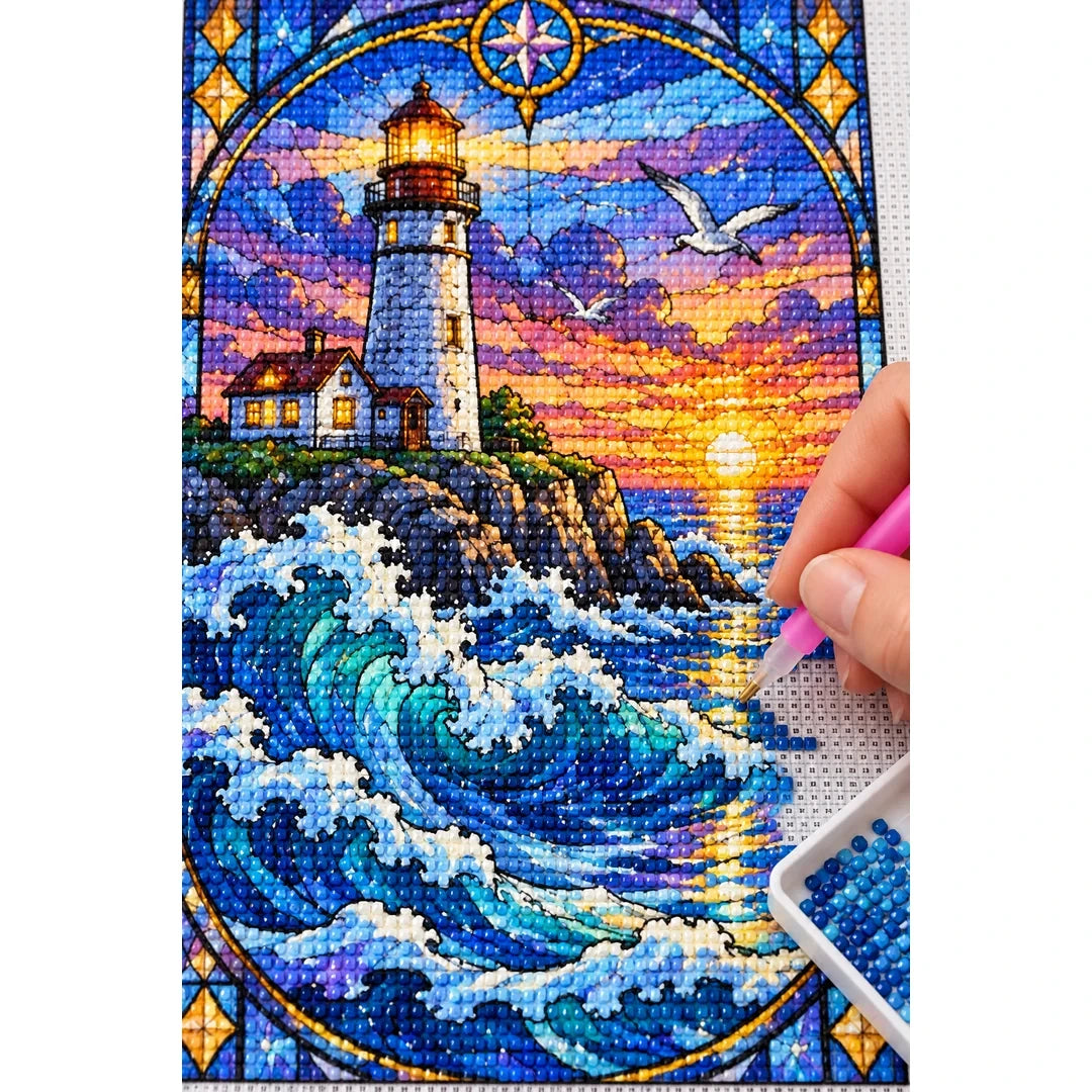 Lighthouse Storm Waves Diamond Painting Kit — diamond painting application process