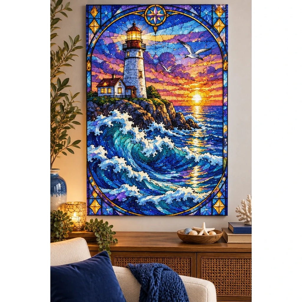 Lighthouse Storm Waves Diamond Painting Kit — finished diamond painting in a home setting