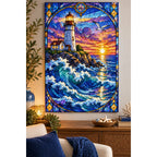 Lighthouse Storm Waves Diamond Painting Kit — finished diamond painting in a home setting