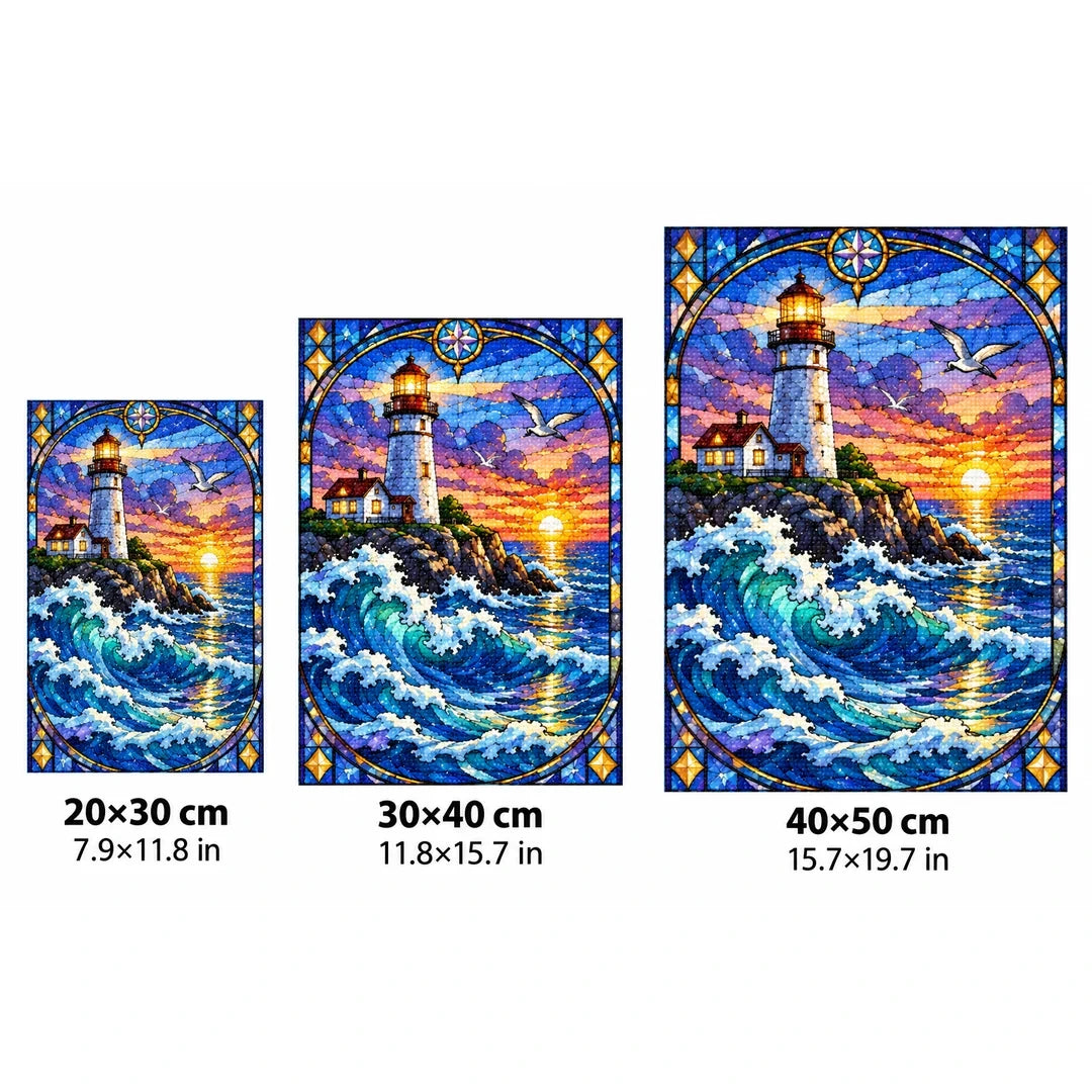 Lighthouse Storm Waves Diamond Painting Kit — 20 by 30, 30 by 40, and 40 by 50 centimeter size guide