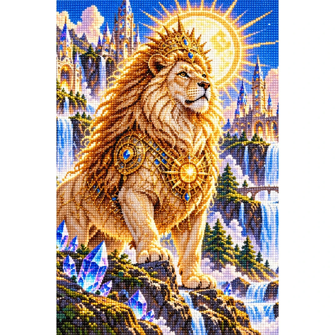Lion Guardian Sun Crystal finished diamond painting on white