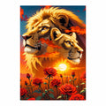 Original artwork of two lions among roses at sunset