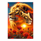 Original artwork of two lions among roses at sunset
