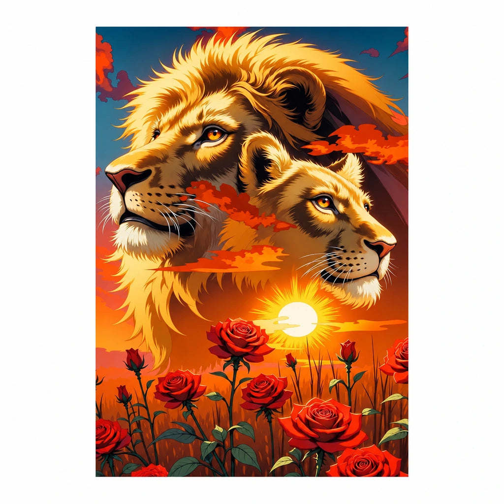 Original artwork of two lions among roses at sunset