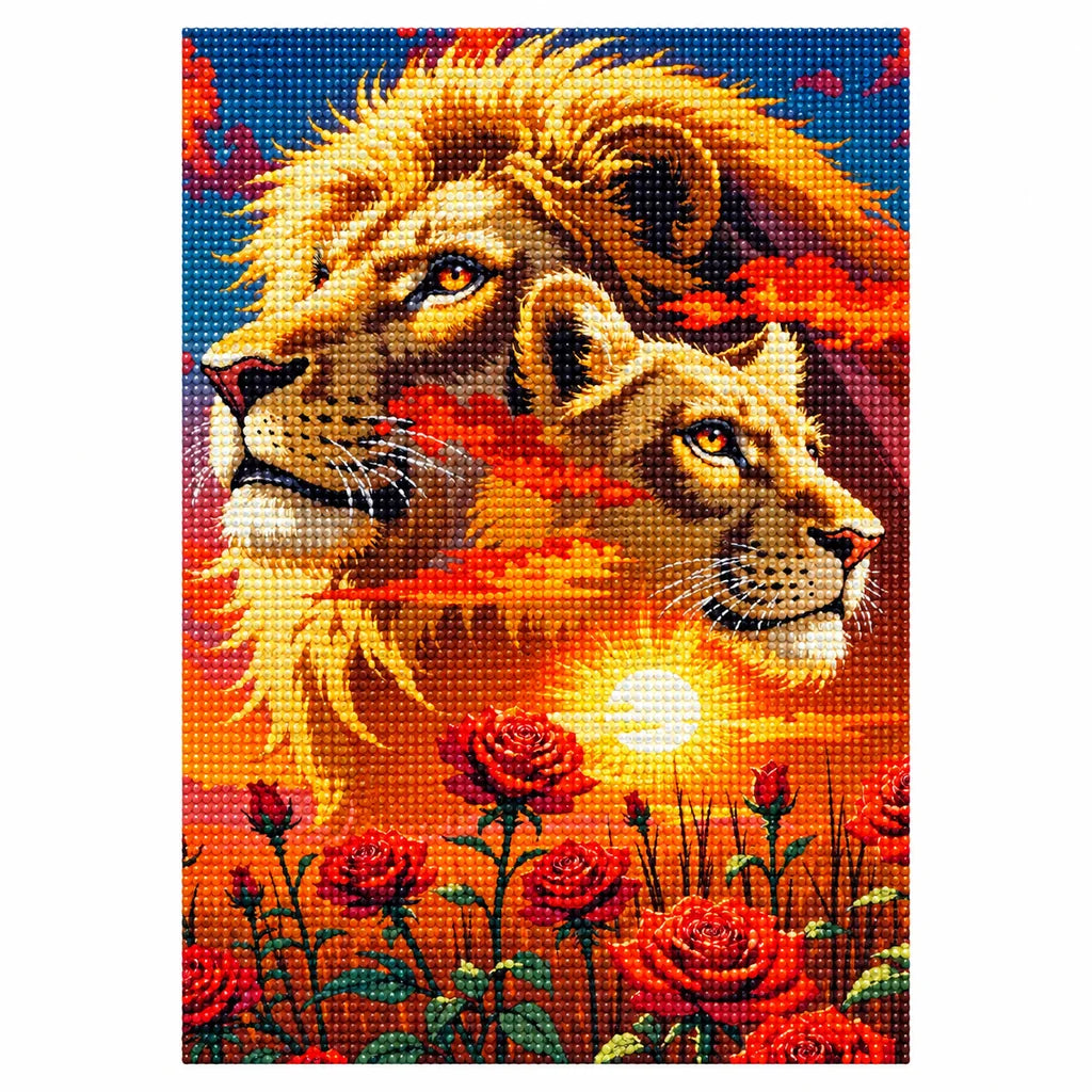 Finished lions and roses sunset diamond painting with sparkling drills