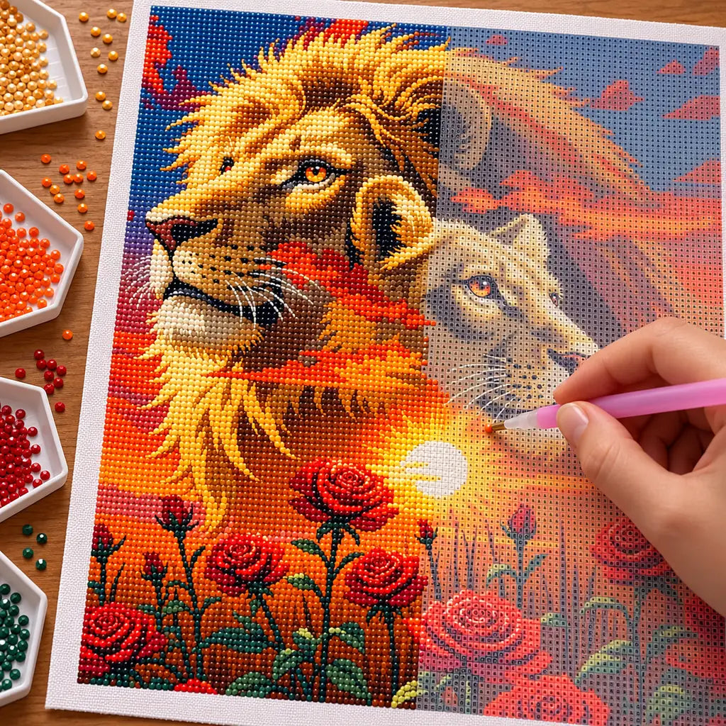 Hand placing drills on the lions and roses sunset diamond painting canvas