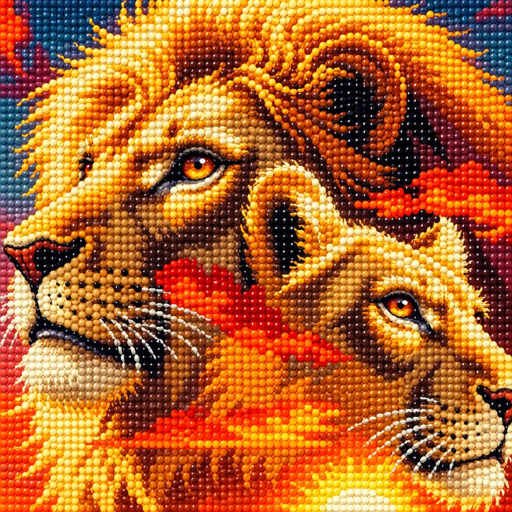 Close-up of sparkling drills on the lions and roses artwork