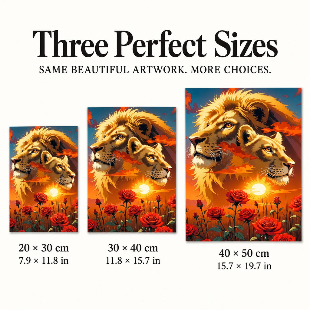 Three size options for the lions and roses diamond painting: 20 × 30, 30 × 40, and 40 × 50 cm