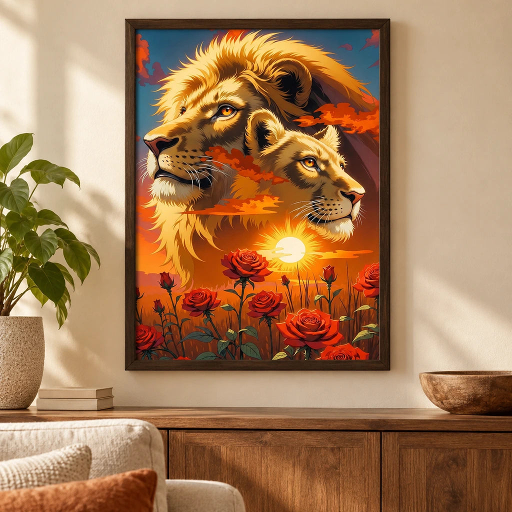 Lions and roses sunset diamond painting displayed as framed wall decor