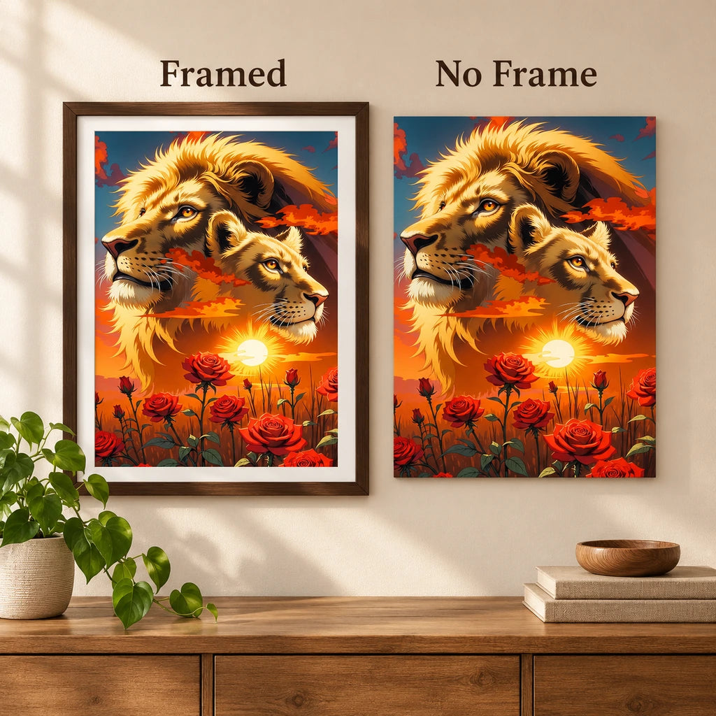 Framed and no-frame options for the lions and roses diamond painting